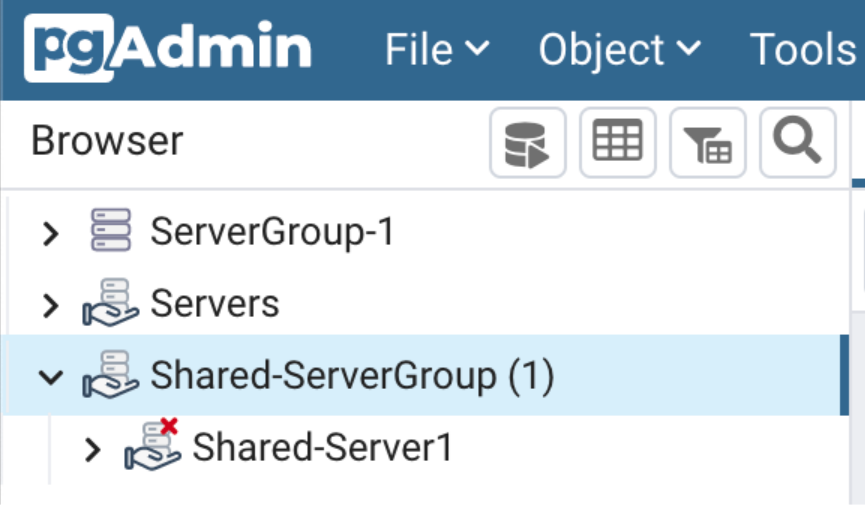pg admin browser looking at a shared server group