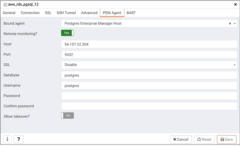 Create Server dialog - PEM Agent tab