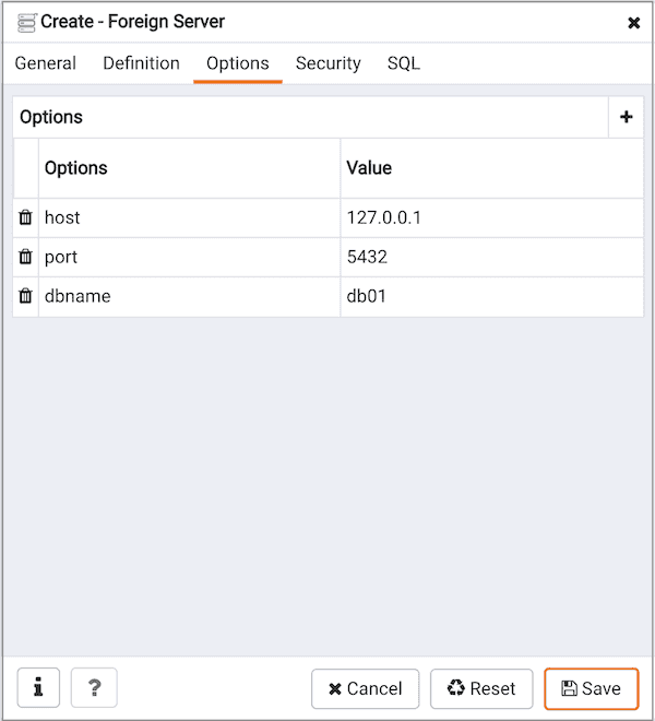 Create Foreign Server dialog - Options tab