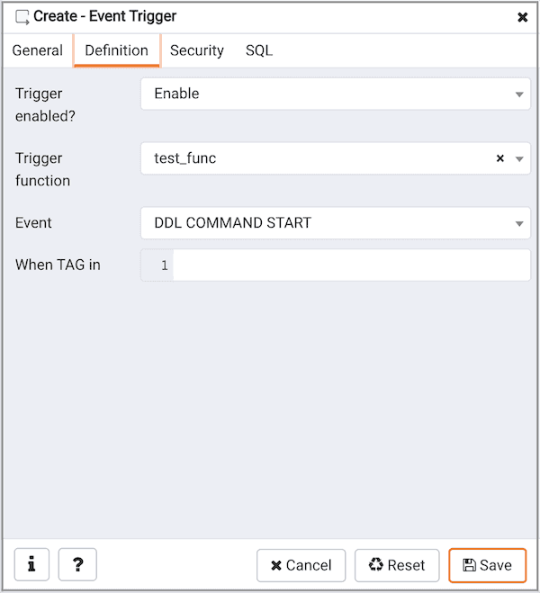 Create Event Trigger dialog - Definition tab