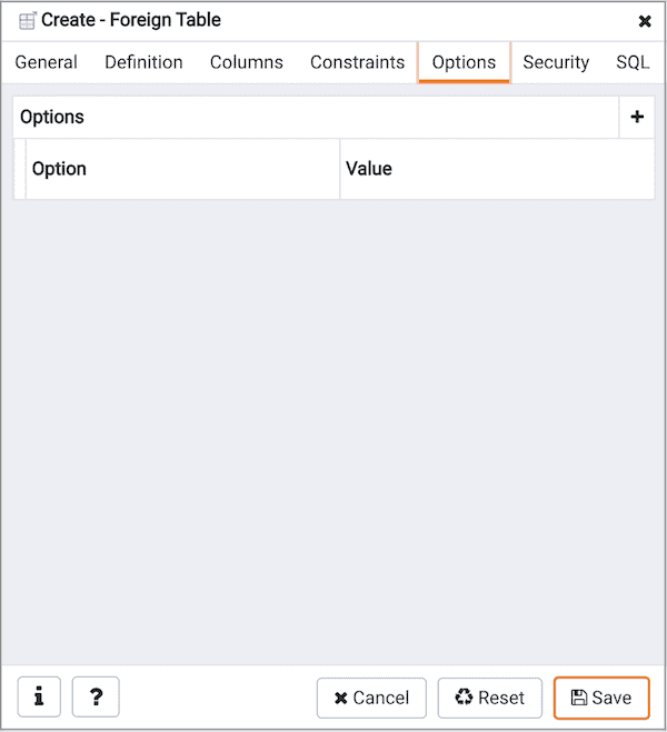 Create Foreign Table dialog - Options tab