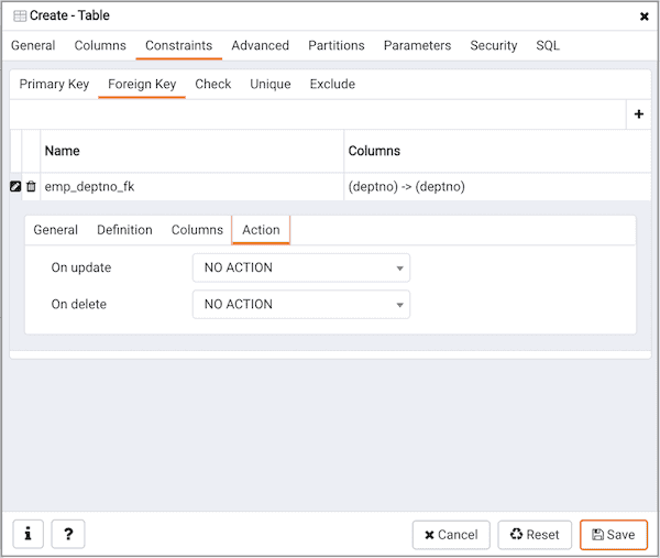 Create Table dialog - Constraints tab - Foreign Key Constraint action