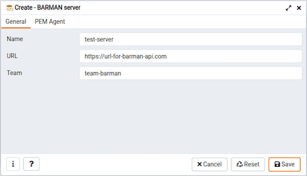 Create-BARMAN server dialog - General tab