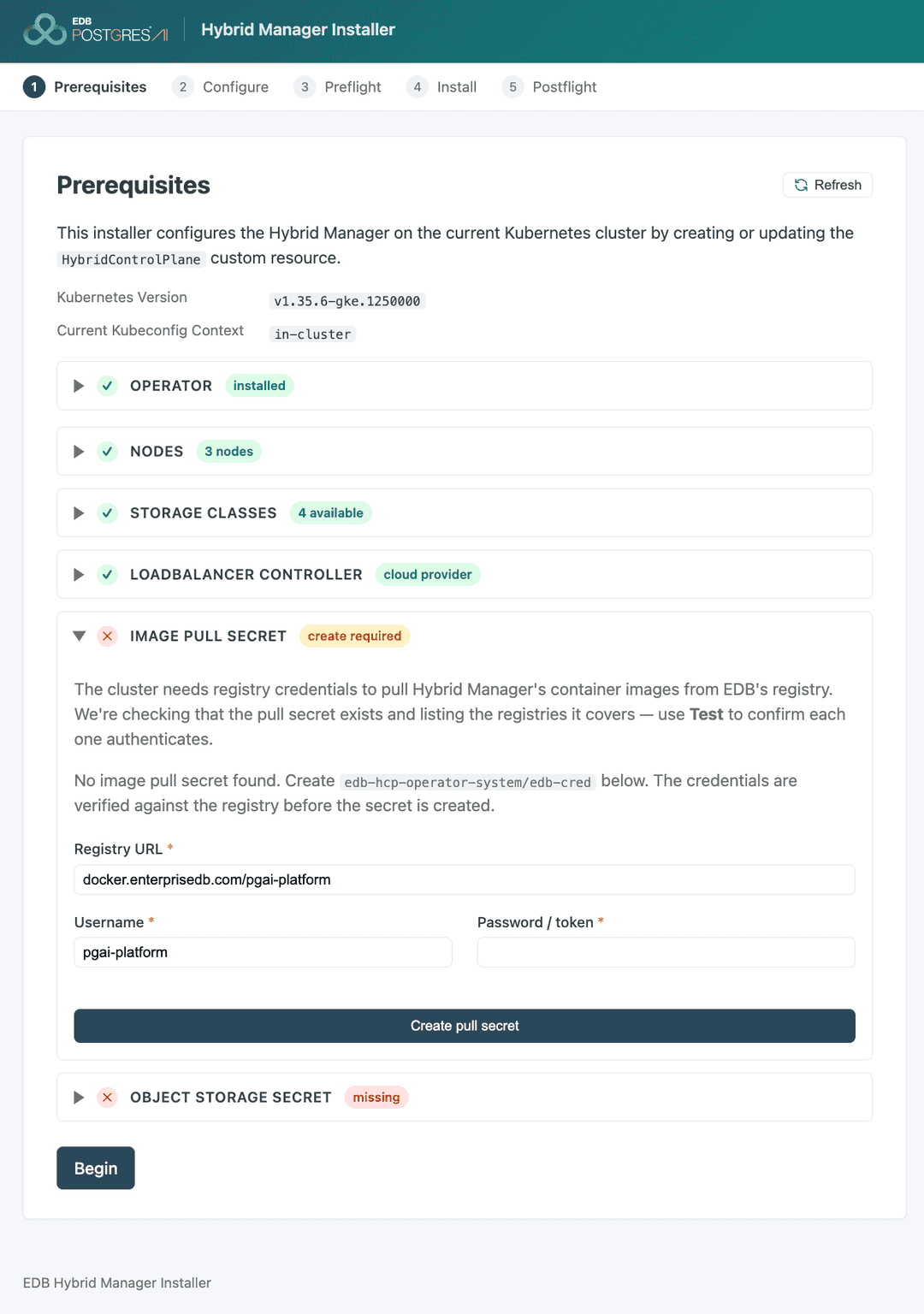 The Image Pull Secret row expanded with no secret present, offering its inline create form: Registry URL, Username, Password / token.