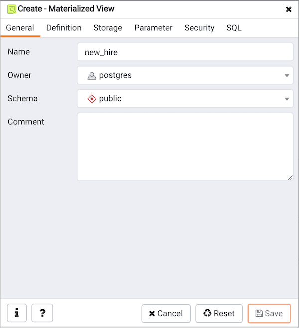 Create Materialized View dialog - General tab