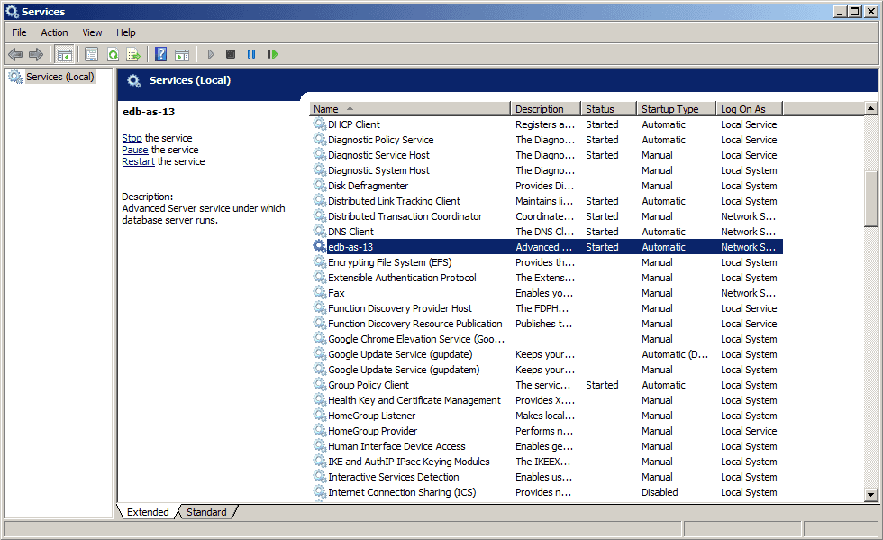 The Advanced Server service in the Windows Services window