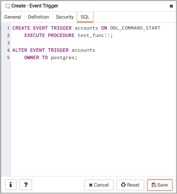 Create Event Trigger dialog - SQL tab
