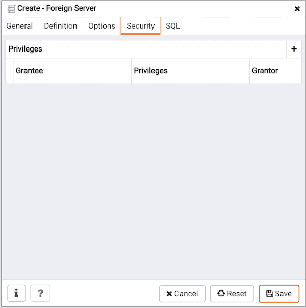 Create Foreign Server dialog - Security tab
