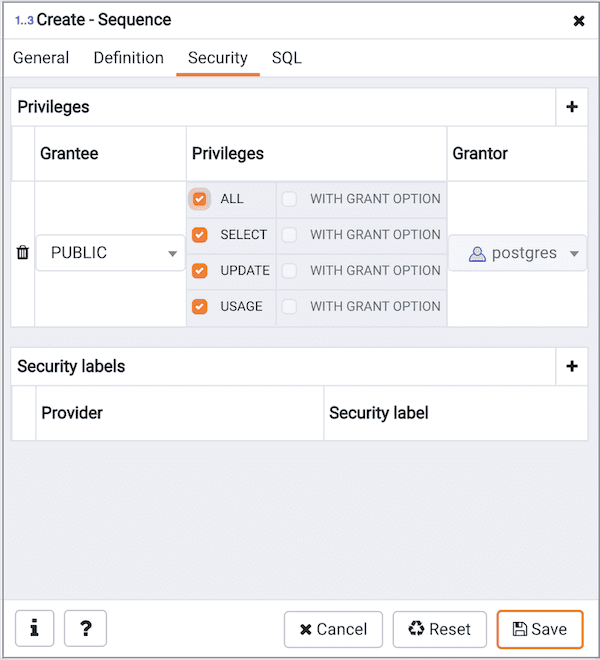 Create Sequence dialog - Security tab