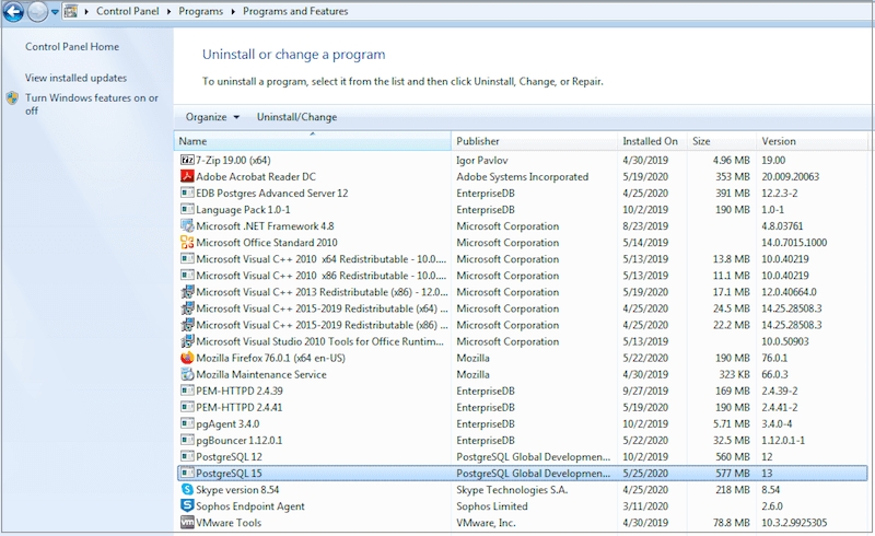 The Uninstall or change a program dialog box