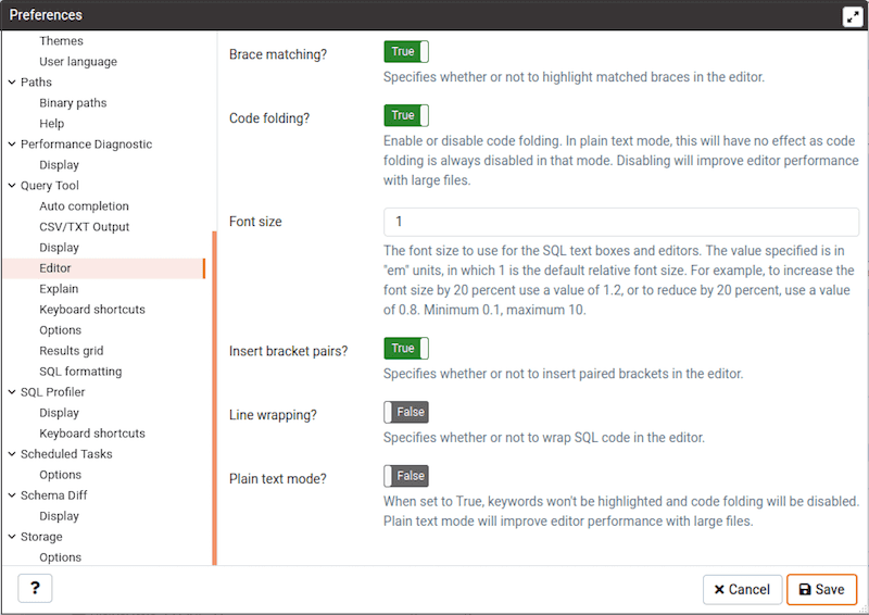 Preferences dialog - Sqleditor Editor settings