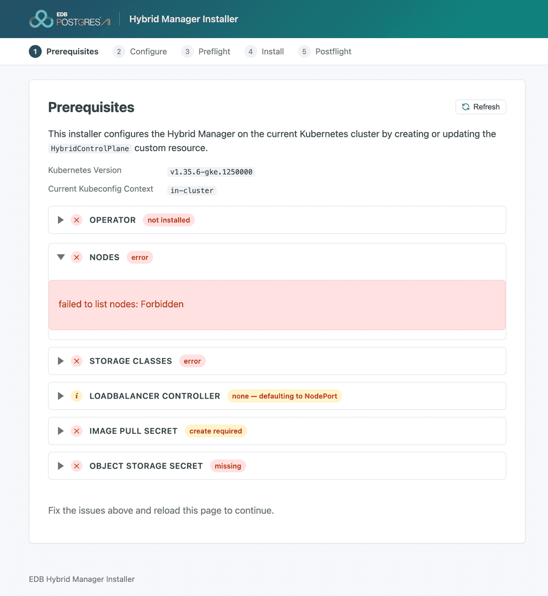 The Nodes row expanded on a cluster where the installer's service account can't list nodes: "failed to list nodes: Forbidden".