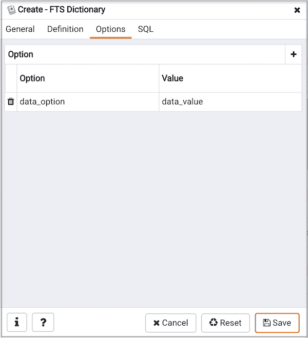 Create FTS Dictionary dialog - Options tab
