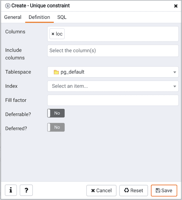 Create Unique Constraint dialog - Definition tab