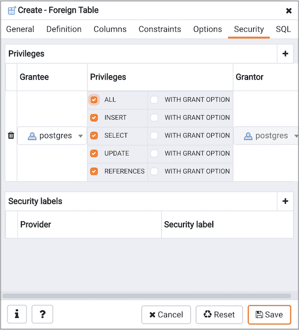 Create Foreign Table dialog - Security tab