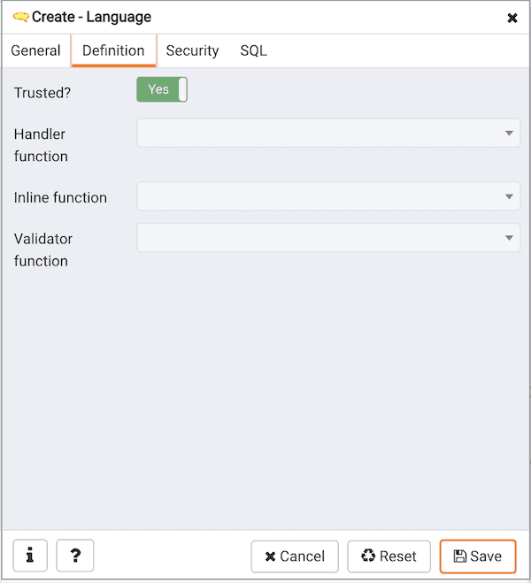 Create Language dialog - Definition tab