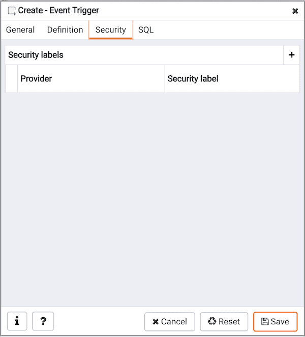 Create Event Trigger dialog - Security tab