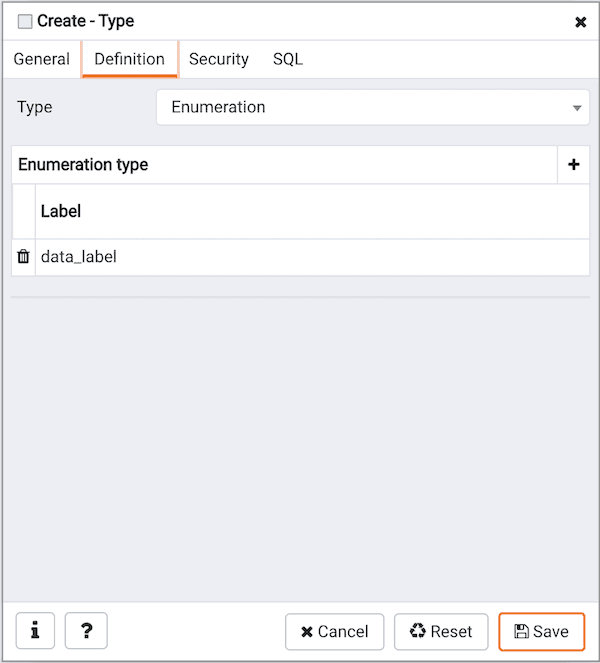 Create Type dialog - Definition tab - Enumeration section