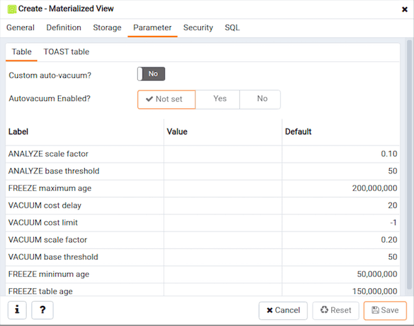 Create Materialized View dialog - Parameter tab