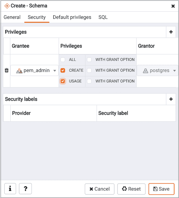 Create Schema dialog - Security tab