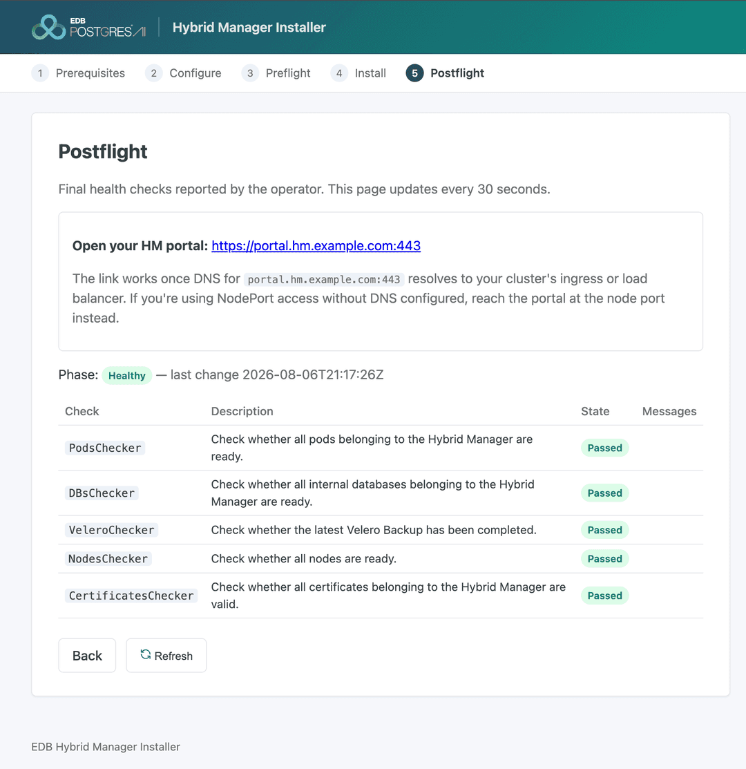 Postflight with all five health checks passed and the HM console link live.
