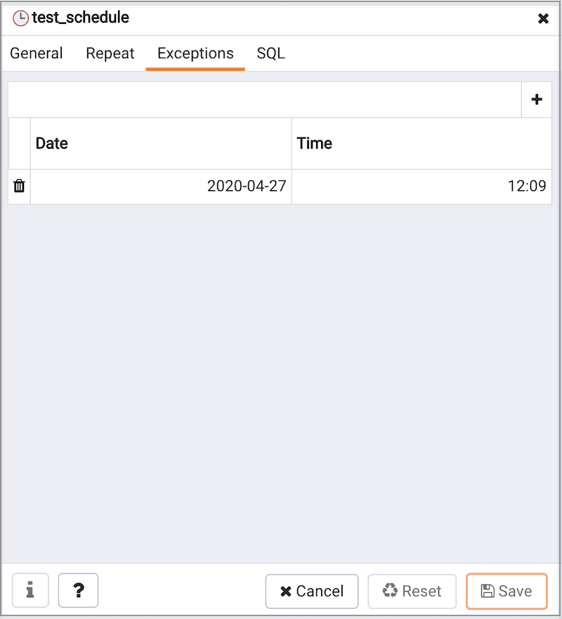 pgAgent schedule - Exceptions tab