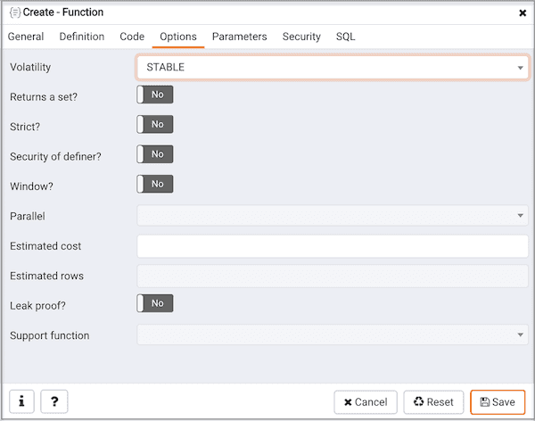 Create Function dialog - Options tab