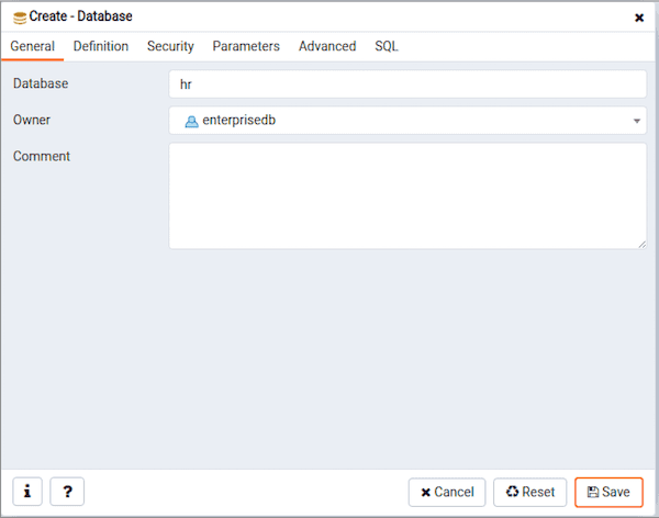 Database dialog - General tab