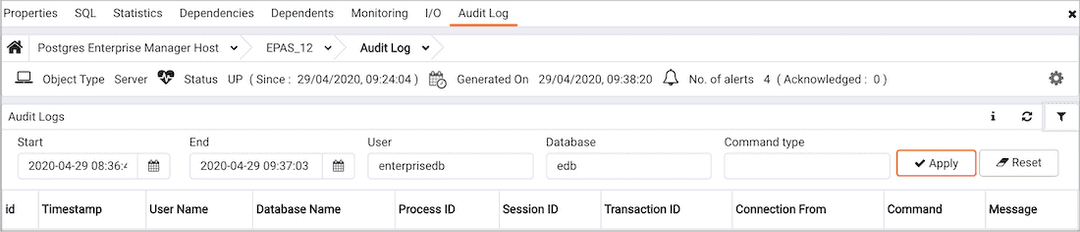 Audit Log analysis dashboard filters