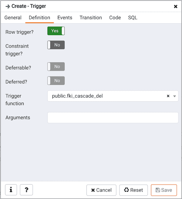 Create Trigger dialog - Definition tab