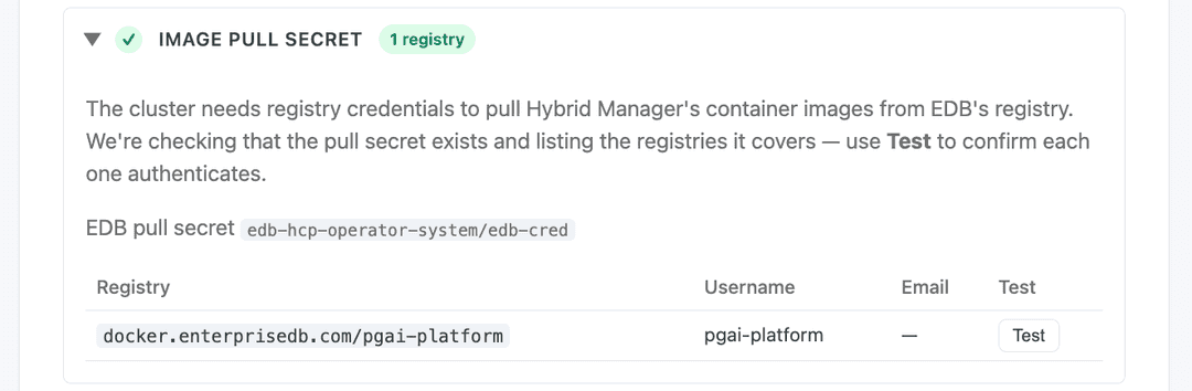 After creating the secret, the row lists the registry it covers with a Test control, not yet run.