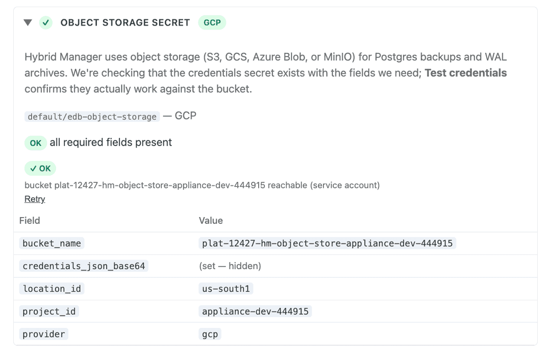 Test credentials run: "OK — bucket ... reachable (service account)".