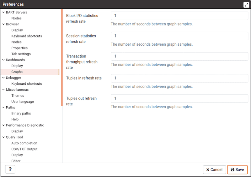 Preferences dialog - Dashboard Graph options