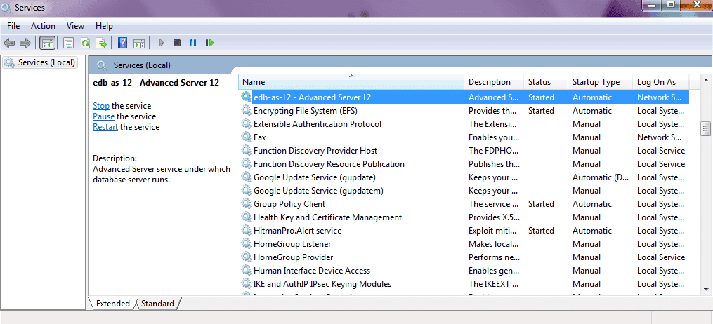 The Advanced Server service in the Windows Services window