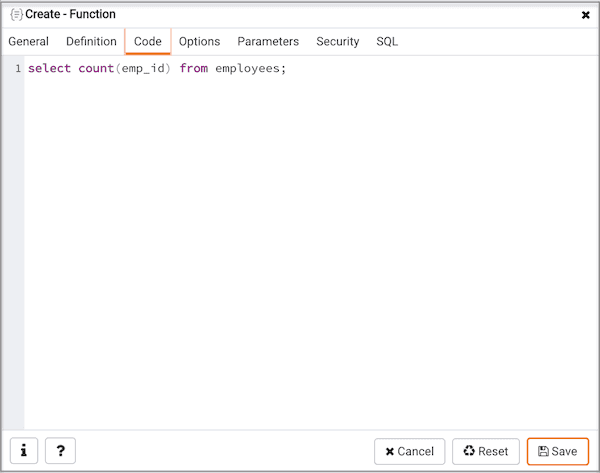 Create Function dialog - Code tab