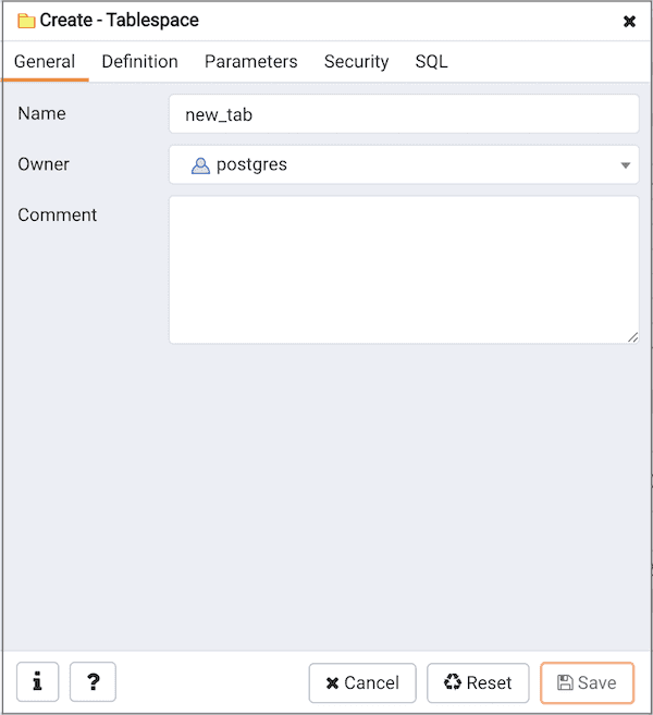 Create Tablespace dialog - General tab