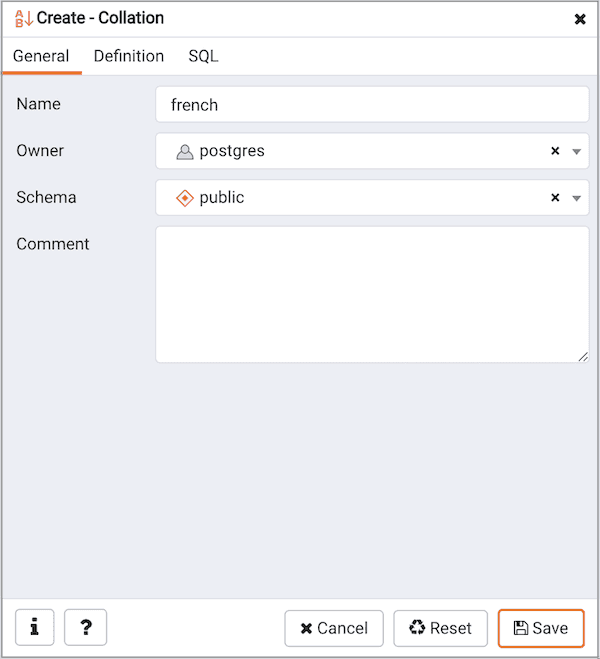 Create Collation dialog - General tab