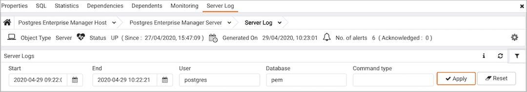Server Log Analysis dashboard filter