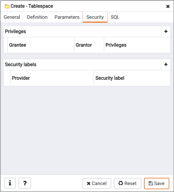 Create Tablespace dialog - Security tab