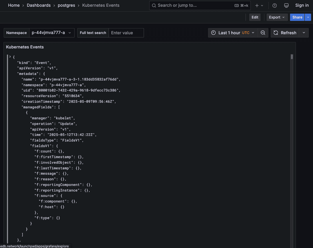 Postgres Kubernetes Events dashboard