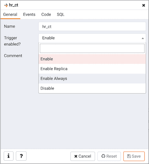 Create Compound Trigger dialog - General tab - Trigger enable option