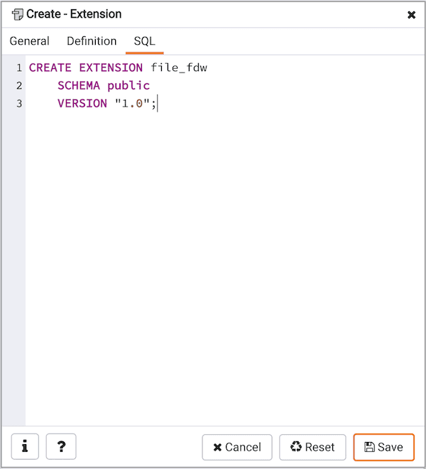 Create Extension dialog - SQL tab