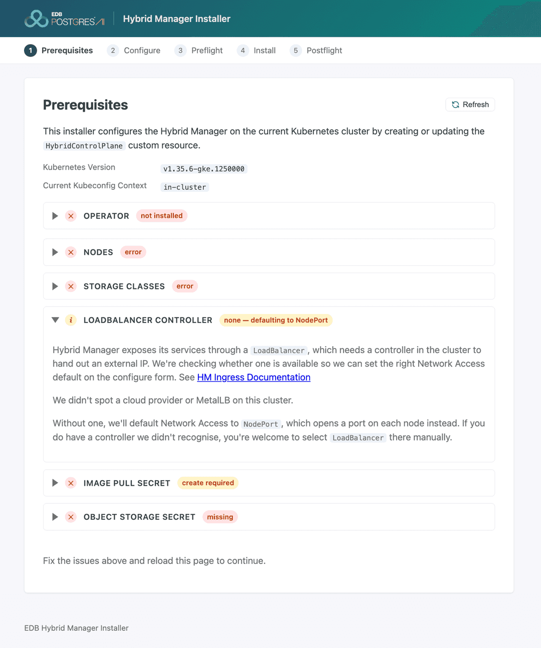 The LoadBalancer Controller row expanded: no cloud provider or MetalLB detected, so Network Access will default to NodePort.