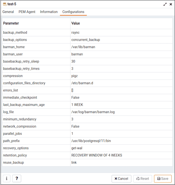 BARMAN server properties - Configuration tab