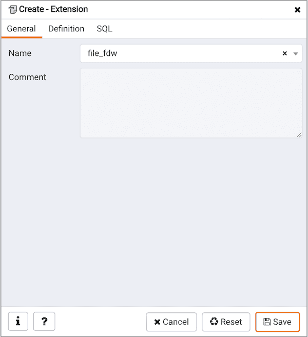 Create Extension dialog - General tab