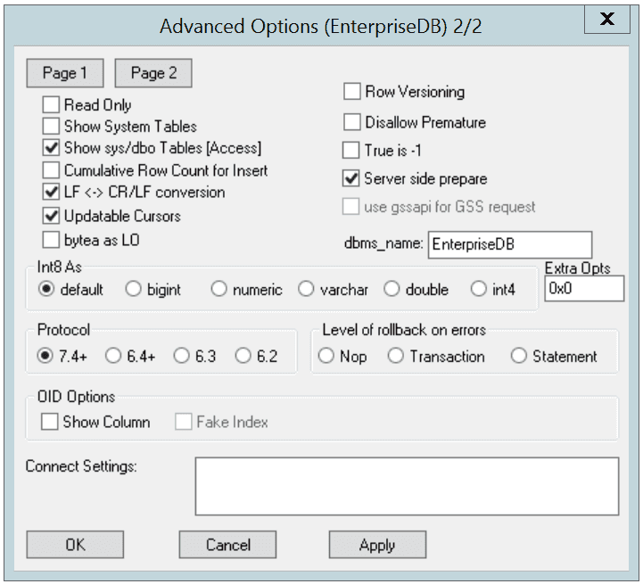 Page 2 of the Advanced Options dialog