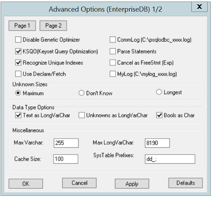 Page 1 of the Advanced Options dialog