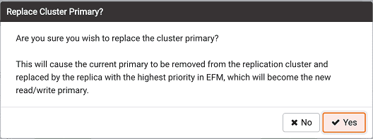 Failover Manager dialog - Replace Cluster Primary