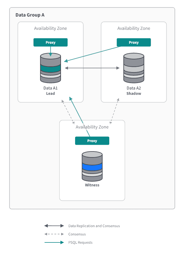 Two data nodes, one witness node, and proxies in a single data group