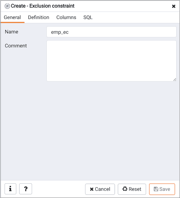 Create Exclusion Constraint dialog - General tab